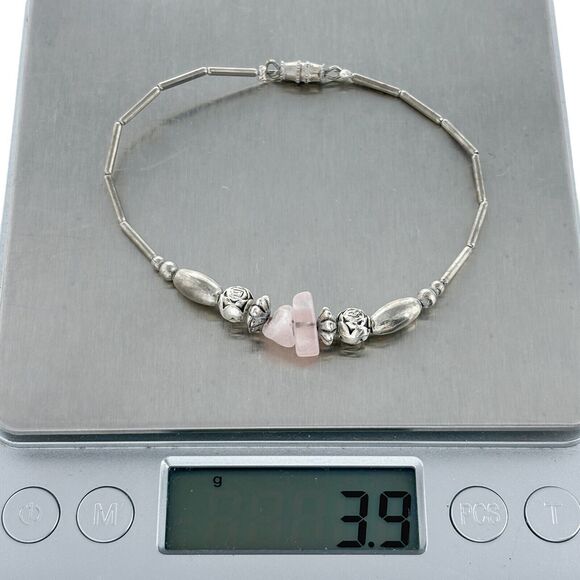 Vintage Liquid Sterling Silver 925 Rose Quartz Beaded Bracelet Size 7.5" - Picture 2 of 8